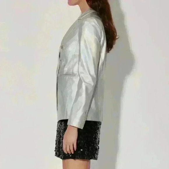 NWT WALTER BAKER Marley Double Breasted Metallic 100%Leather Blazer Sz L silver - Picture 4 of 7